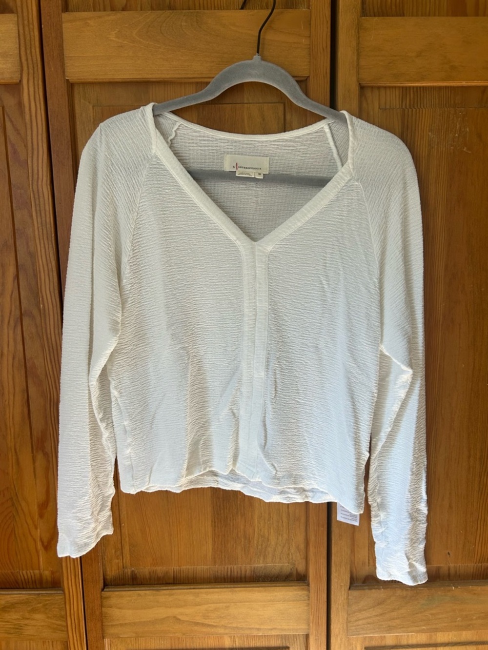 Anthropologie Cream Textured V-Neck Long Sleeve Pullover